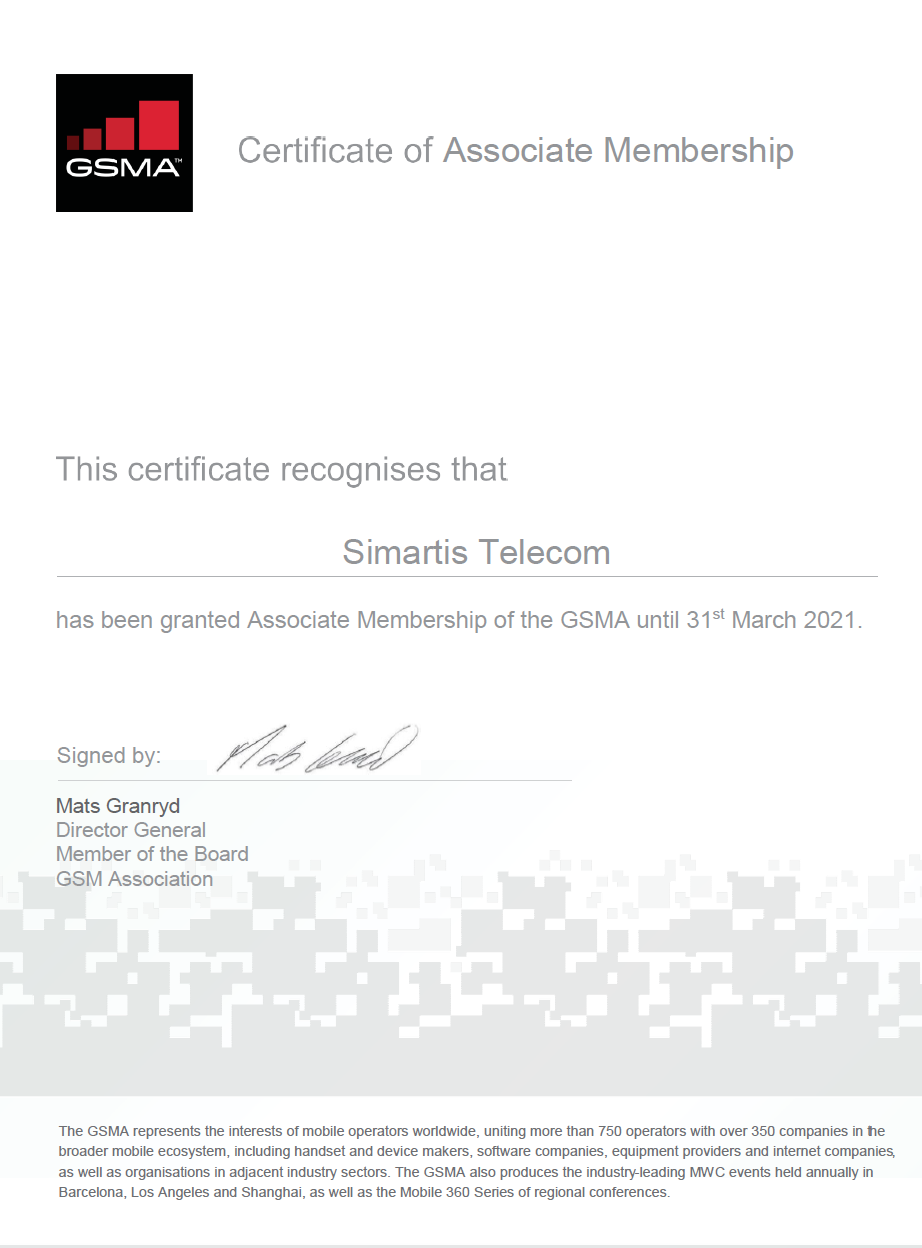 GSMA Association Certificate